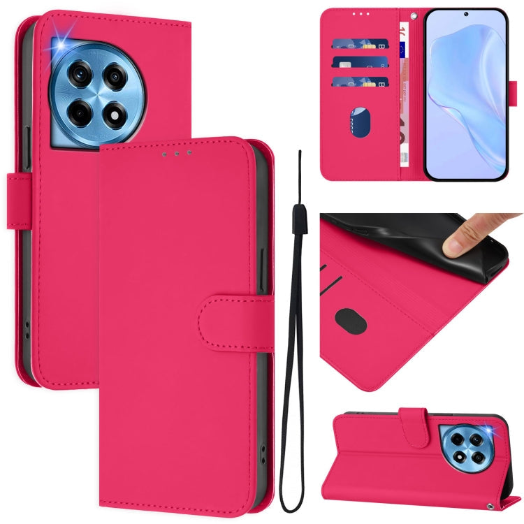 Skin Feel Solid Color Leather Phone Case with Lanyard, For OnePlus 12 5G Global
