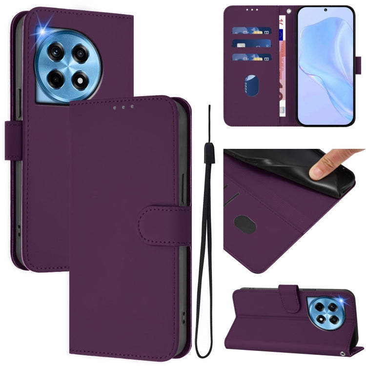 Skin Feel Solid Color Leather Phone Case with Lanyard, For OnePlus 12 5G Global
