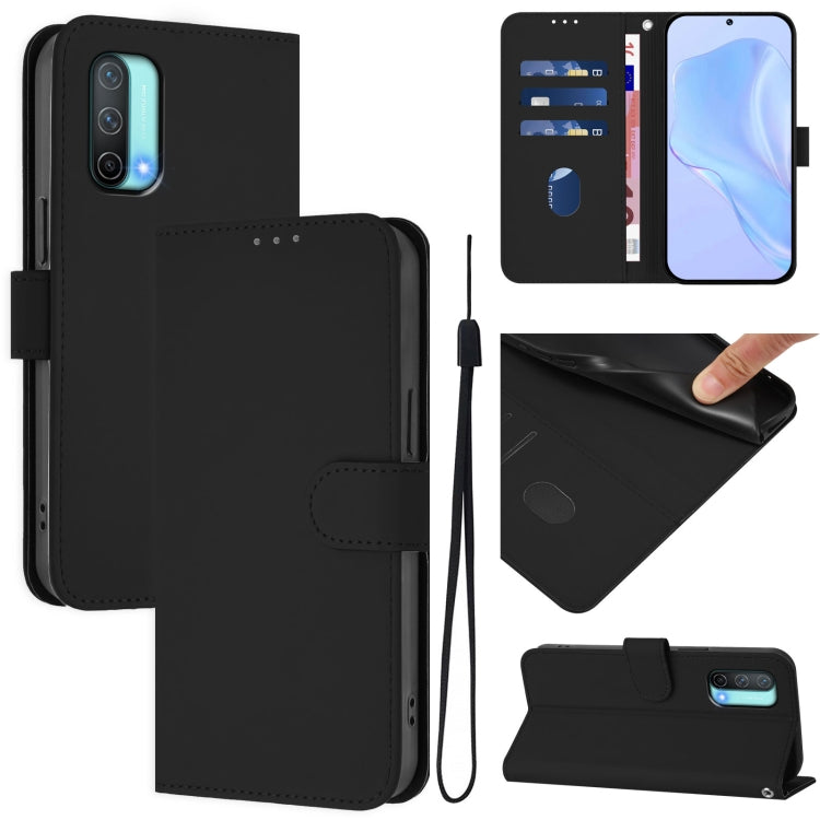 Skin Feel Solid Color Leather Phone Case with Lanyard, For OnePlus Nord CE 5G