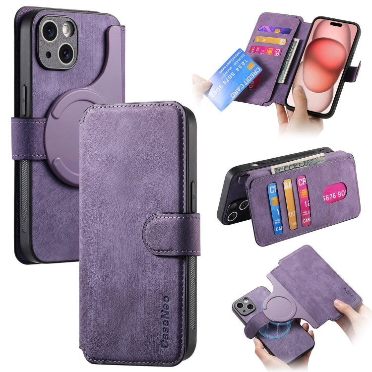 For iPhone 15 CaseNeo MagSafe RFID Anti-theft Retro Leather Phone Case(Purple)