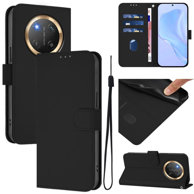 Skin Feel Solid Color Leather Phone Case with Lanyard, For Honor X9C 5G Global