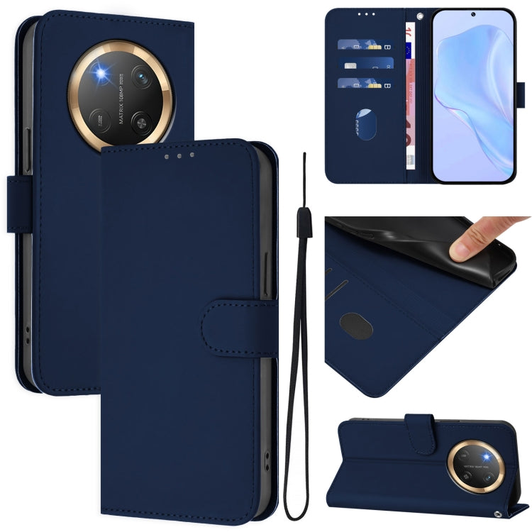 Skin Feel Solid Color Leather Phone Case with Lanyard, For Honor X9C 5G Global