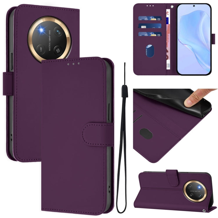 Skin Feel Solid Color Leather Phone Case with Lanyard, For Honor X9C 5G Global