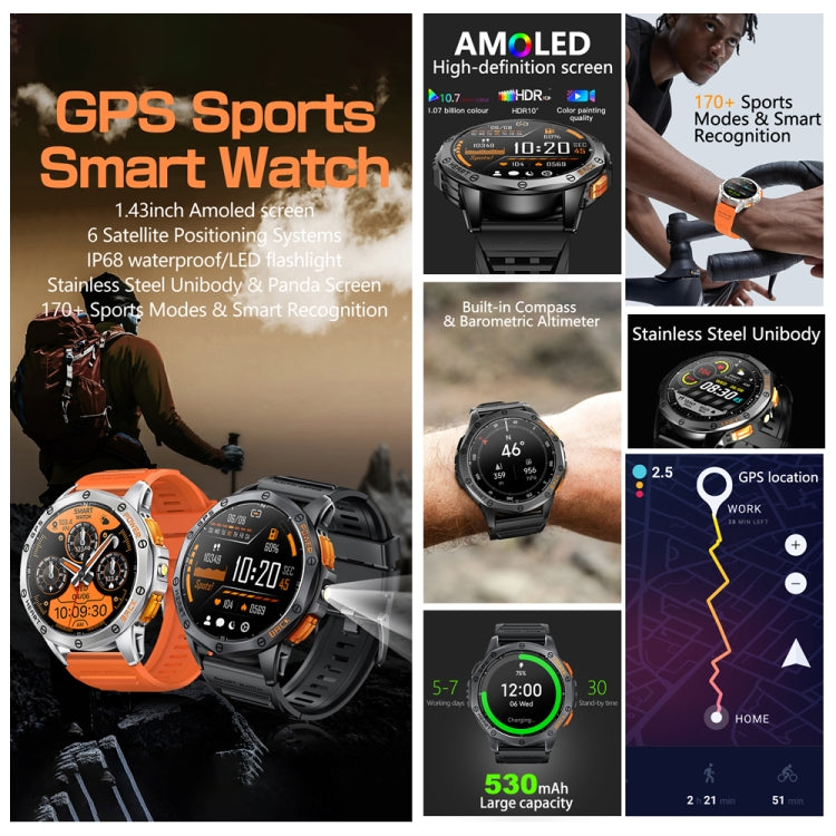 LEMFO K67 1.43 inch AMOLED Screen GPS Sports Smart Watch, Support Bluetooth Call / Health Monitoring(Black)