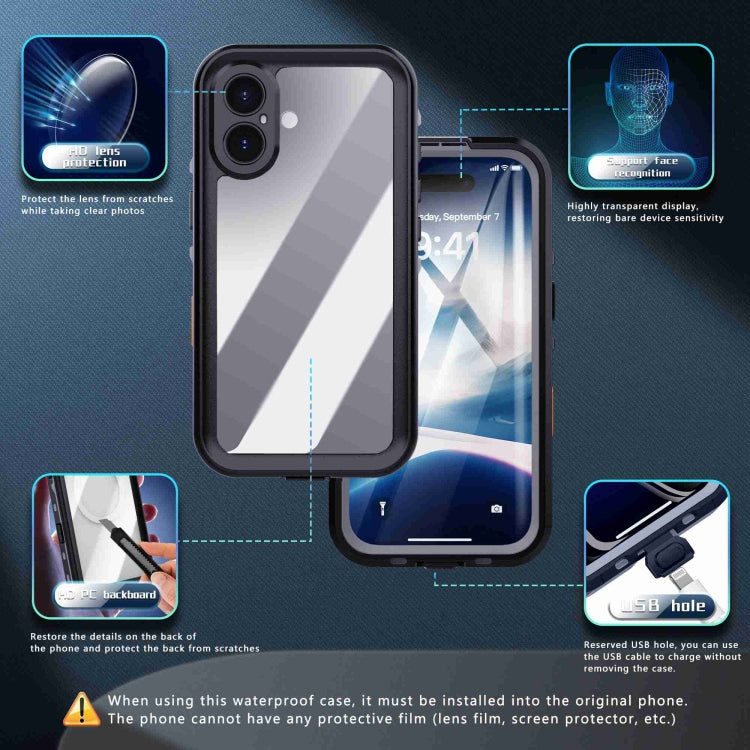 For iPhone 16 RedPepper Transparent Dot IP68 Waterproof Triple-proof Phone Case(Black Dark Grey)