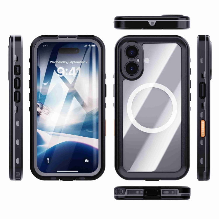 For iPhone 16 Plus RedPepper Transparent Dot IP68 Waterproof Triple-proof MagSafe Phone Case(Black Dark Grey)