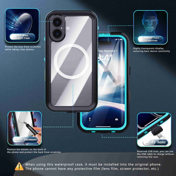 For iPhone 16 RedPepper Transparent Dot IP68 Waterproof Triple-proof MagSafe Phone Case(Black Blue)
