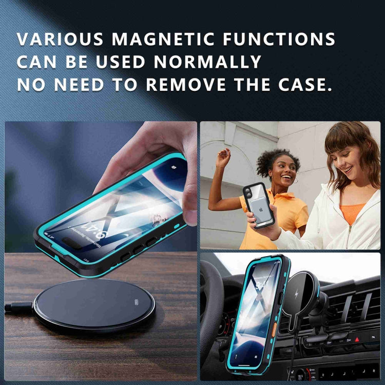 For iPhone 16 RedPepper Transparent Dot IP68 Waterproof Triple-proof MagSafe Phone Case(Black Blue)
