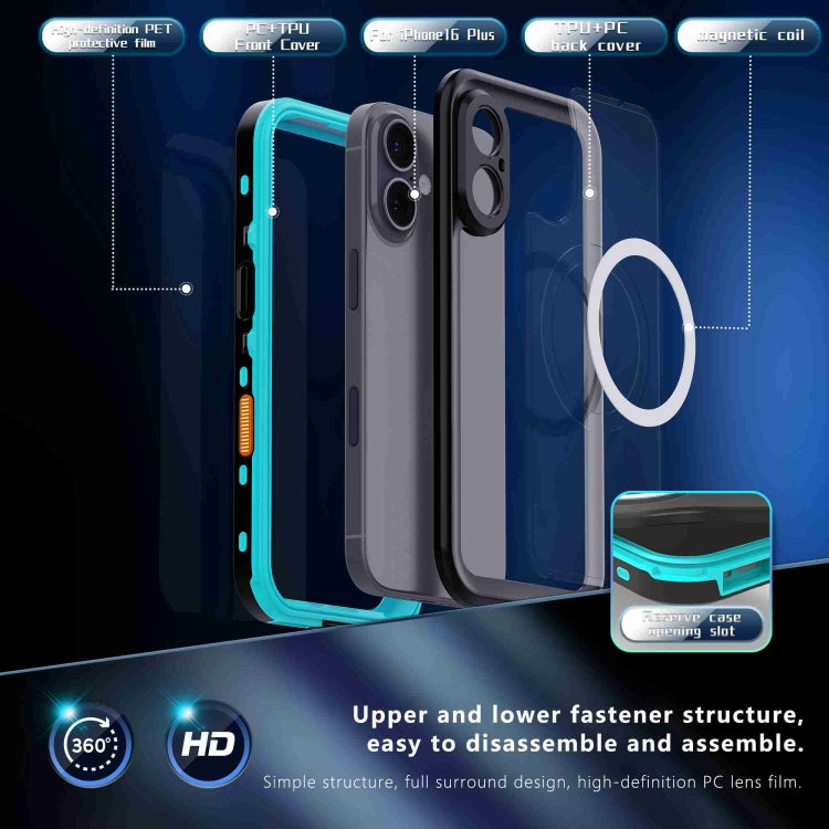 For iPhone 16 RedPepper Transparent Dot IP68 Waterproof Triple-proof MagSafe Phone Case(Black Blue)