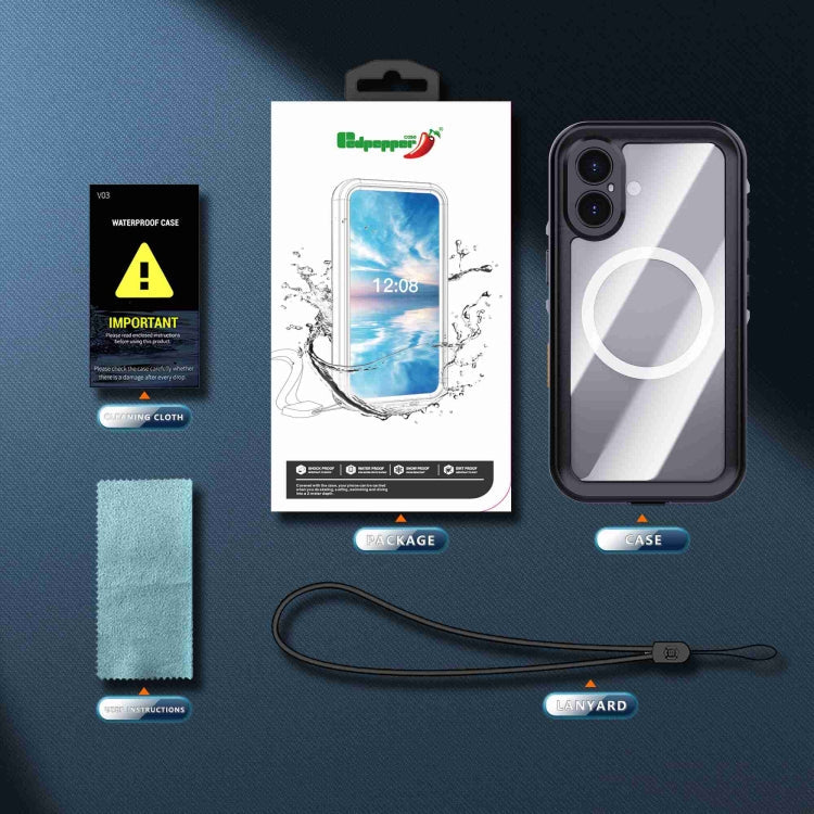 For iPhone 16 RedPepper Transparent Dot IP68 Waterproof Triple-proof MagSafe Phone Case(Black Dark Grey)