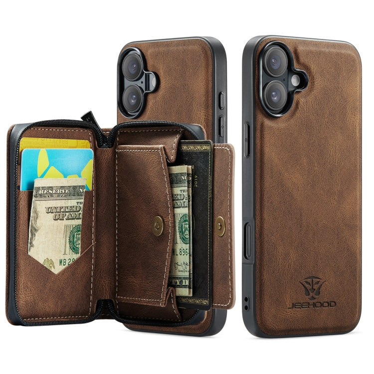 For iPhone 16 Plus JEEHOOD J02 Magnetic Zipper Horizontal Flip Leather Phone Case(Brown)