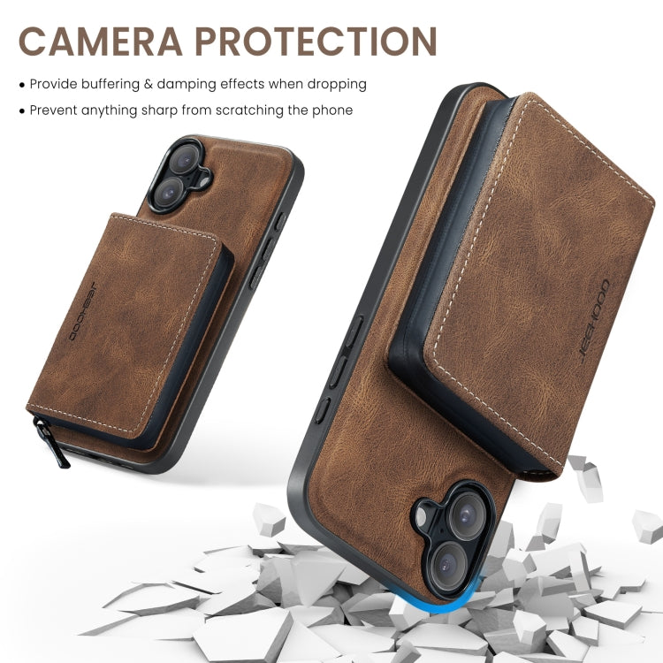 For iPhone 16 Plus JEEHOOD J02 Magnetic Zipper Horizontal Flip Leather Phone Case(Brown)