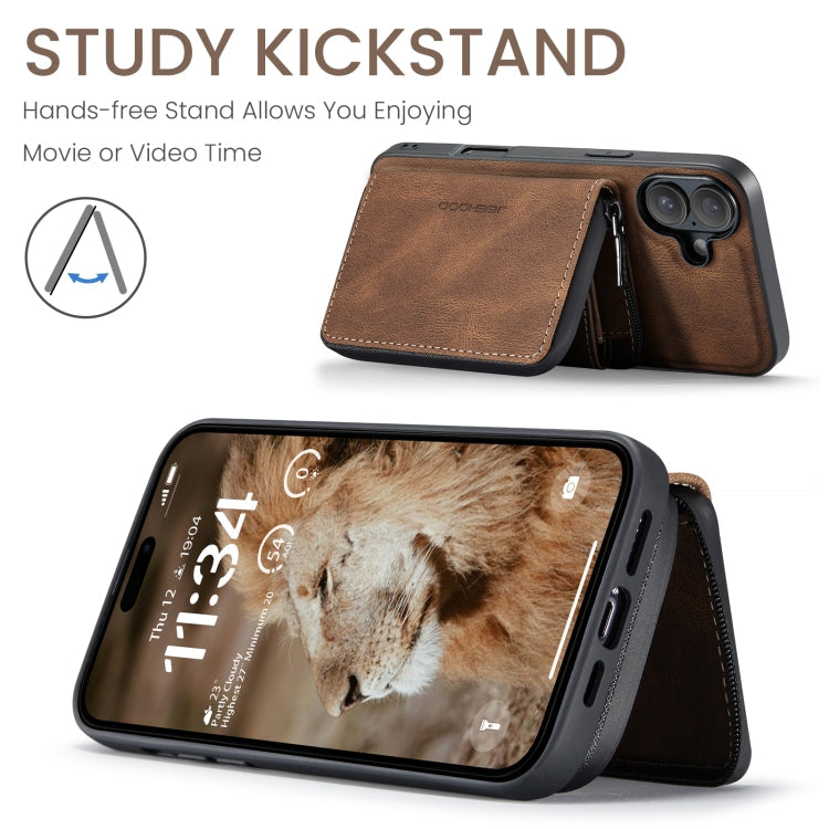For iPhone 16 Plus JEEHOOD J02 Magnetic Zipper Horizontal Flip Leather Phone Case(Brown)