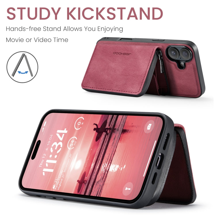 For iPhone 16 Plus JEEHOOD J02 Magnetic Zipper Horizontal Flip Leather Phone Case(Red)