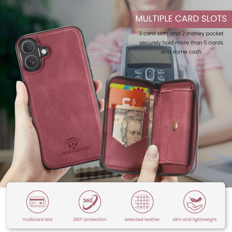 For iPhone 16 Plus JEEHOOD J02 Magnetic Zipper Horizontal Flip Leather Phone Case(Red)