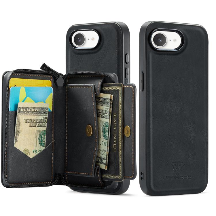 For iPhone 17e / 16e JEEHOOD J02 Magnetic Zipper Horizontal Flip Leather Phone Case(Black)