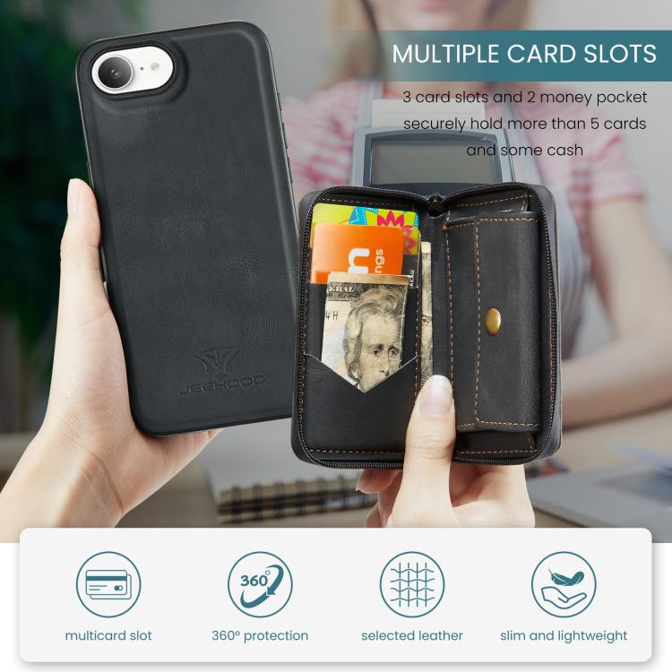 For iPhone 17e / 16e JEEHOOD J02 Magnetic Zipper Horizontal Flip Leather Phone Case(Black)