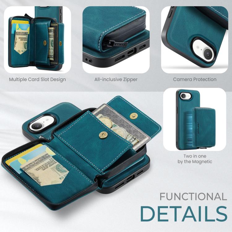 For iPhone 17e / 16e JEEHOOD J02 Magnetic Zipper Horizontal Flip Leather Phone Case(Blue)
