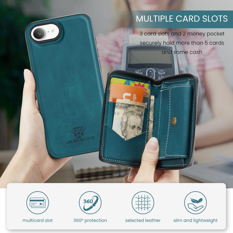 For iPhone 17e / 16e JEEHOOD J02 Magnetic Zipper Horizontal Flip Leather Phone Case(Blue)