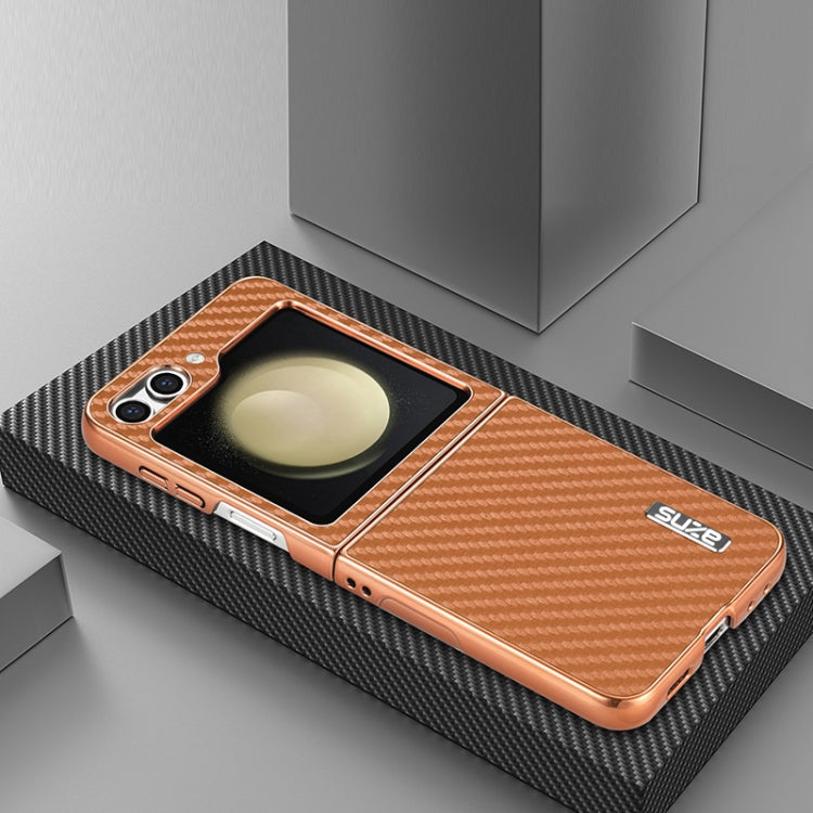 For Samsung Galaxy Z Flip5 5G AZNS Electroplated Edge Carbon Fiber Texture Phone Case(Brown)