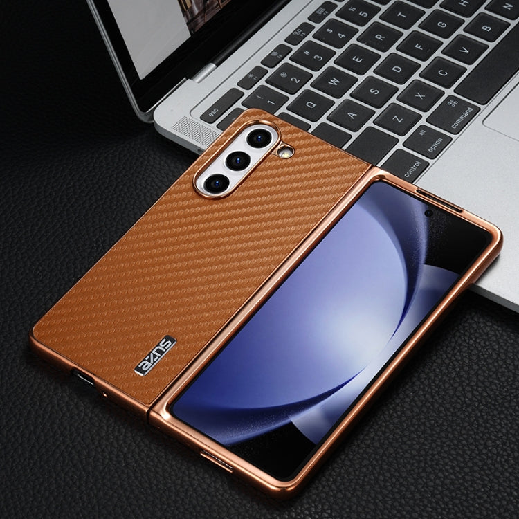 For Samsung Galaxy Z Fold6 5G AZNS Electroplated Edge Carbon Fiber Texture Phone Case(Brown)