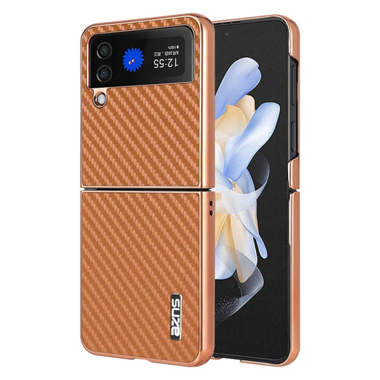 For Samsung Galaxy Z Flip3 5G AZNS Electroplated Edge Carbon Fiber Texture Phone Case(Brown)