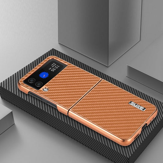 For Samsung Galaxy Z Flip3 5G AZNS Electroplated Edge Carbon Fiber Texture Phone Case(Brown)