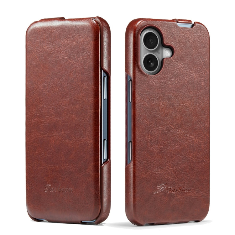 For iPhone 16 Plus Fierre Shann 64 Texture Vertical Flip PU Leather Phone Case(Brown)