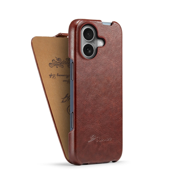 For iPhone 16 Plus Fierre Shann 64 Texture Vertical Flip PU Leather Phone Case(Brown)