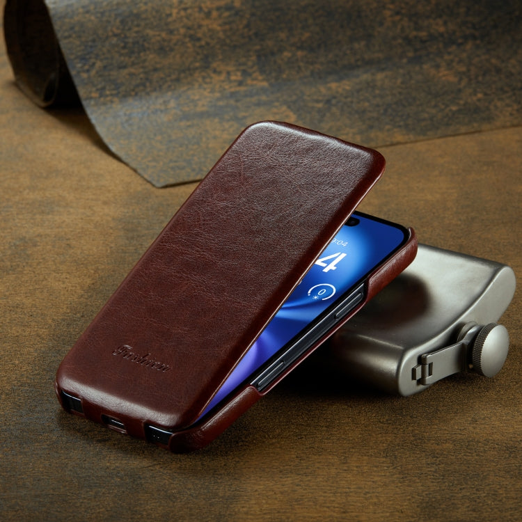 For iPhone 16 Plus Fierre Shann 64 Texture Vertical Flip PU Leather Phone Case(Brown)