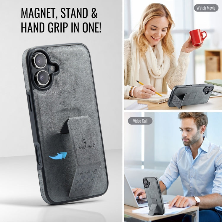 For iPhone 16 Fierre Shann Oil Wax Cow Leather Holder Back Phone Case(Grey)