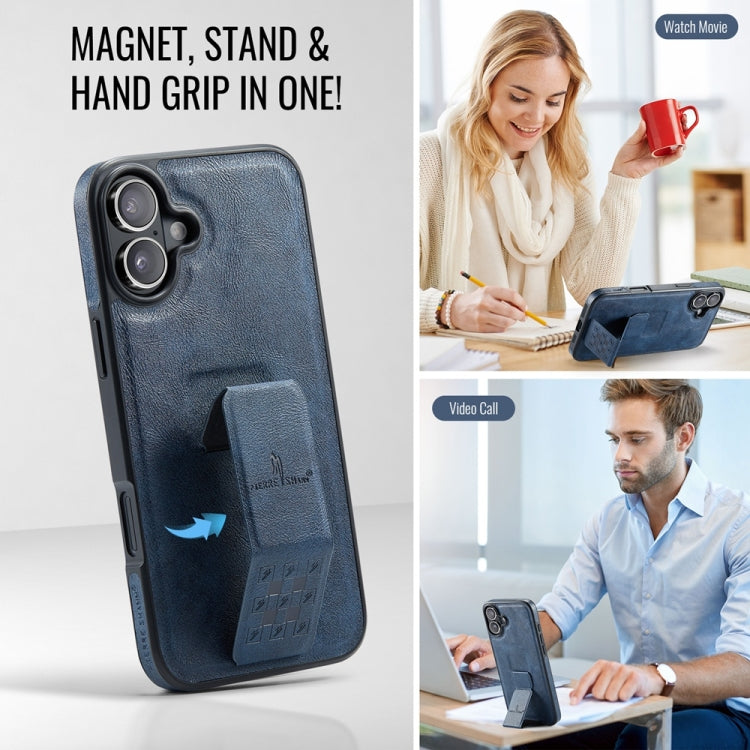 For iPhone 16 Fierre Shann Oil Wax Cow Leather Holder Back Phone Case(Blue)