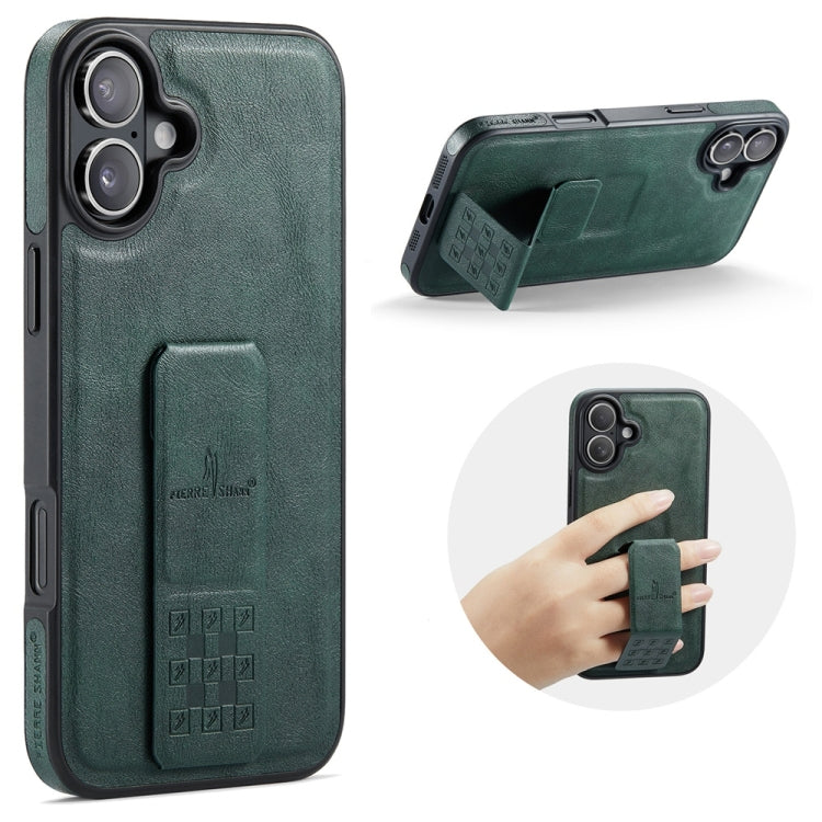 For iPhone 16 Fierre Shann Oil Wax Cow Leather Holder Back Phone Case(Green)