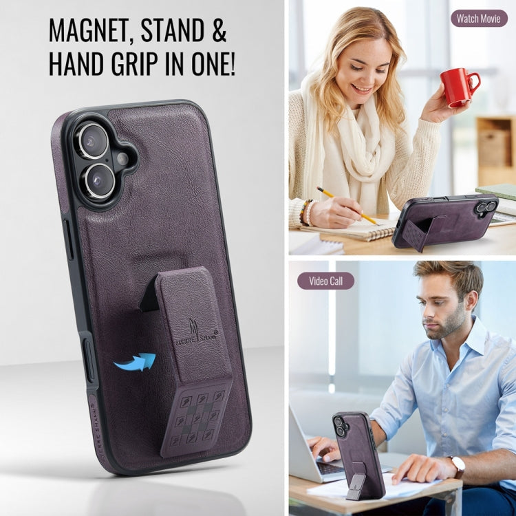 For iPhone 16 Fierre Shann Oil Wax Cow Leather Holder Back Phone Case(Purple)