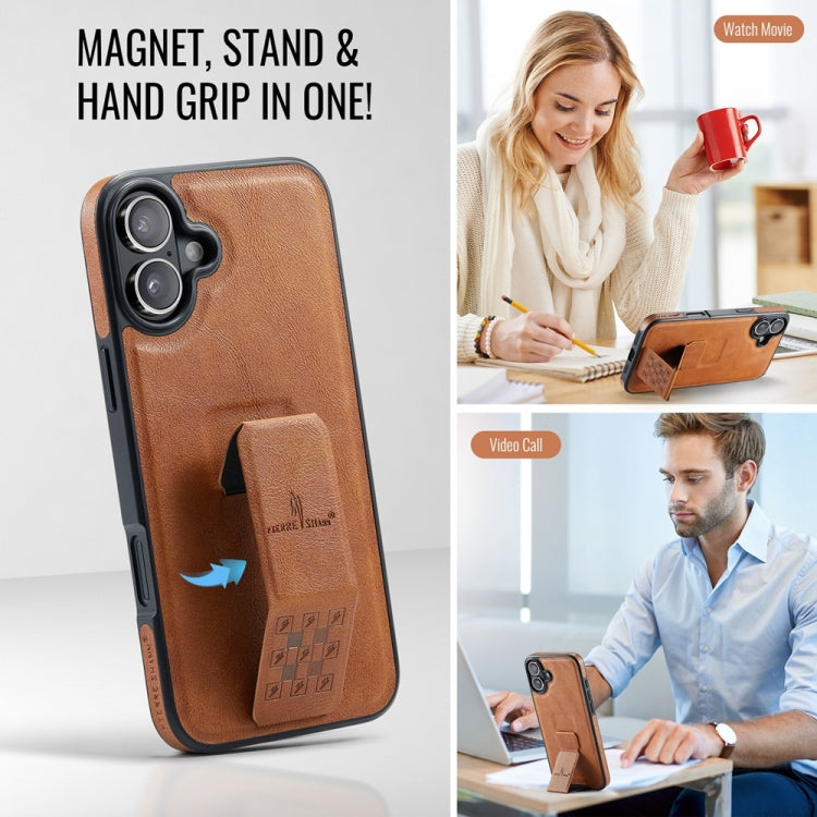 For iPhone 16 Fierre Shann Oil Wax Cow Leather Holder Back Phone Case(Brown)