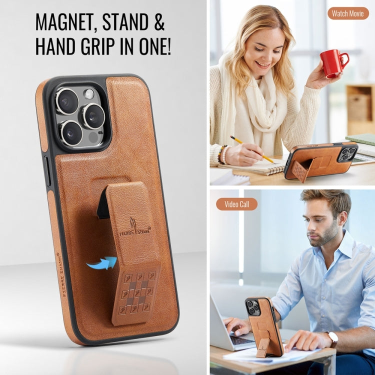 For iPhone 15 Pro Max Fierre Shann Oil Wax Cow Leather Holder Back Phone Case(Brown)