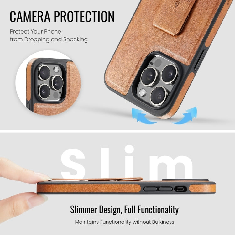 For iPhone 15 Pro Max Fierre Shann Oil Wax Cow Leather Holder Back Phone Case(Brown)