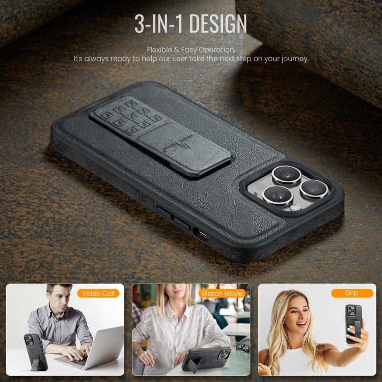 For iPhone 15 Pro Fierre Shann Oil Wax Cow Leather Holder Back Phone Case(Black)