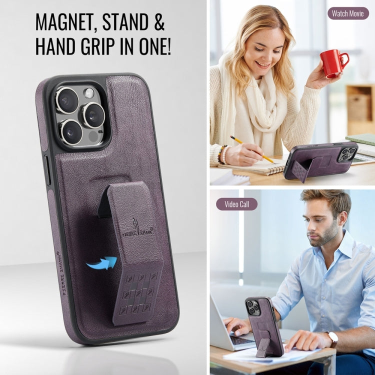 For iPhone 15 Pro Fierre Shann Oil Wax Cow Leather Holder Back Phone Case(Purple)