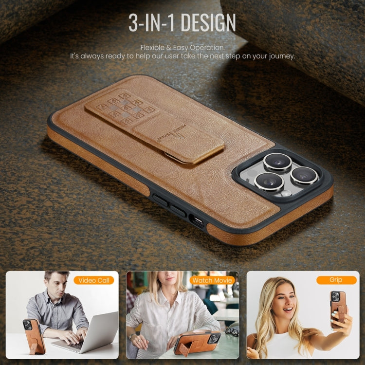 For iPhone 15 Pro Fierre Shann Oil Wax Cow Leather Holder Back Phone Case(Brown)