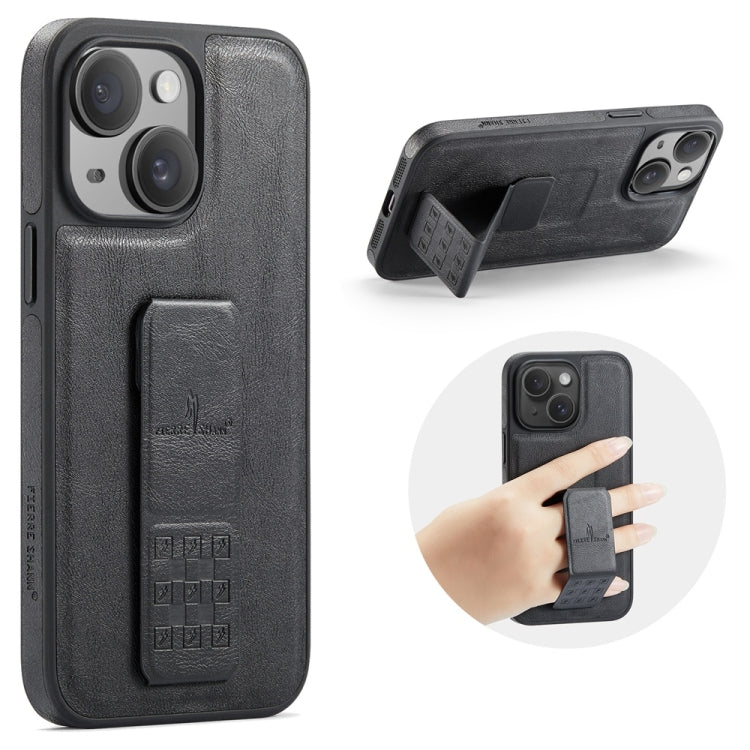 For iPhone 15 Plus Fierre Shann Oil Wax Cow Leather Holder Back Phone Case(Black)