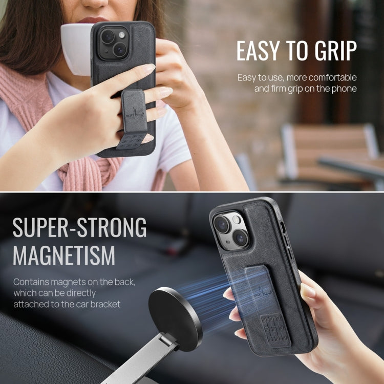For iPhone 15 Plus Fierre Shann Oil Wax Cow Leather Holder Back Phone Case(Black)