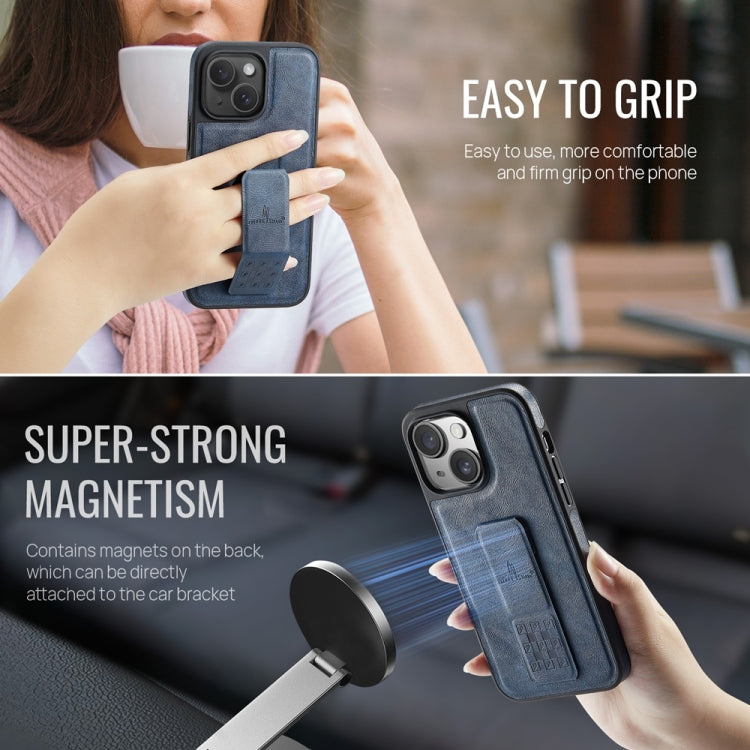 For iPhone 15 Plus Fierre Shann Oil Wax Cow Leather Holder Back Phone Case(Blue)