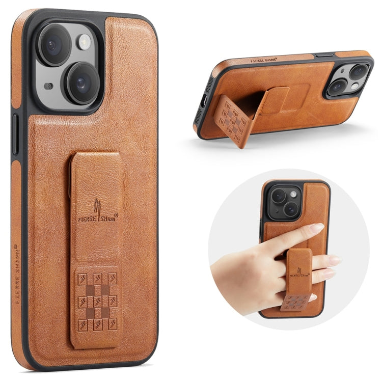 For iPhone 15 Plus Fierre Shann Oil Wax Cow Leather Holder Back Phone Case(Brown)