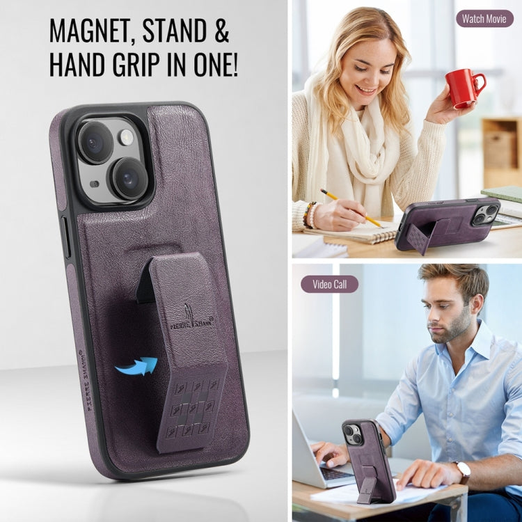 For iPhone 15 Fierre Shann Oil Wax Cow Leather Holder Back Phone Case(Purple)