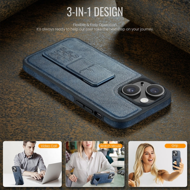For iPhone 14 Plus Fierre Shann Oil Wax Cow Leather Holder Back Phone Case(Blue)