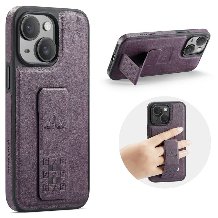 For iPhone 14 Plus Fierre Shann Oil Wax Cow Leather Holder Back Phone Case(Purple)