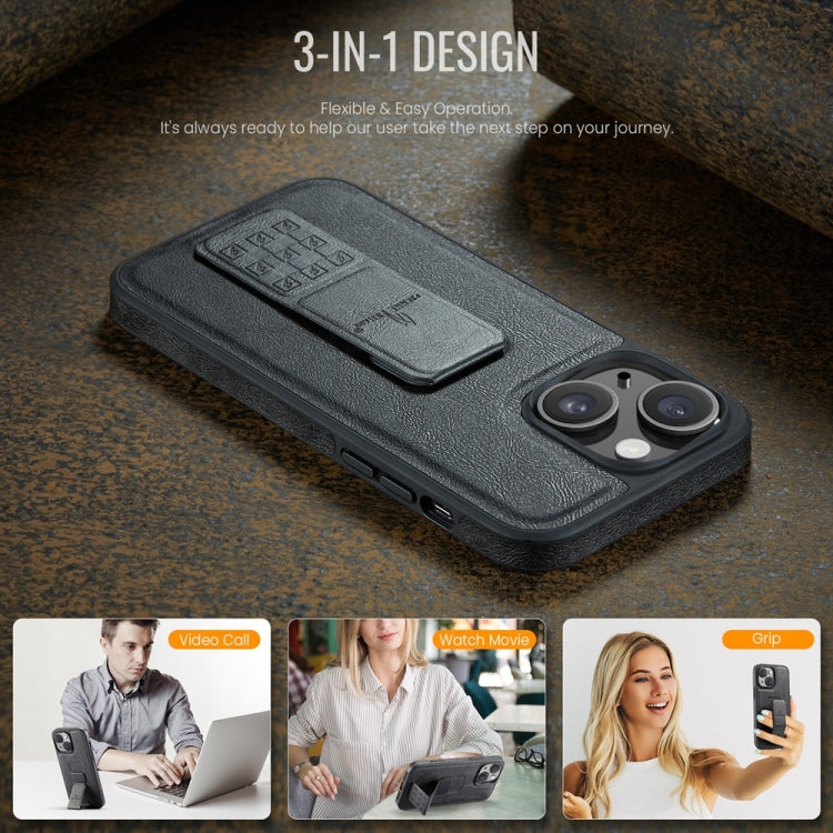 For iPhone 14 Fierre Shann Oil Wax Cow Leather Holder Back Phone Case(Black)