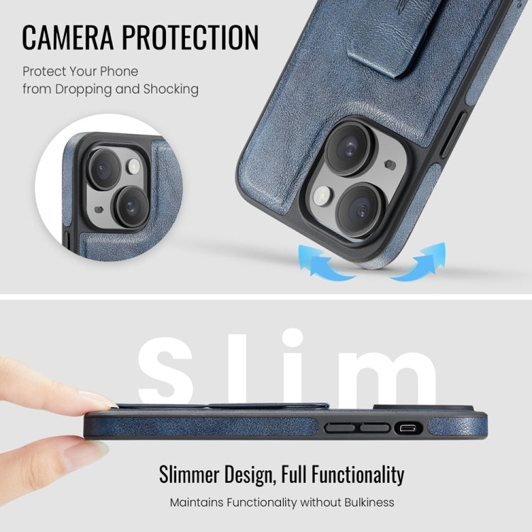 For iPhone 14 Fierre Shann Oil Wax Cow Leather Holder Back Phone Case(Blue)