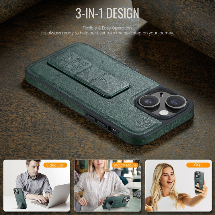 For iPhone 14 Fierre Shann Oil Wax Cow Leather Holder Back Phone Case(Green)